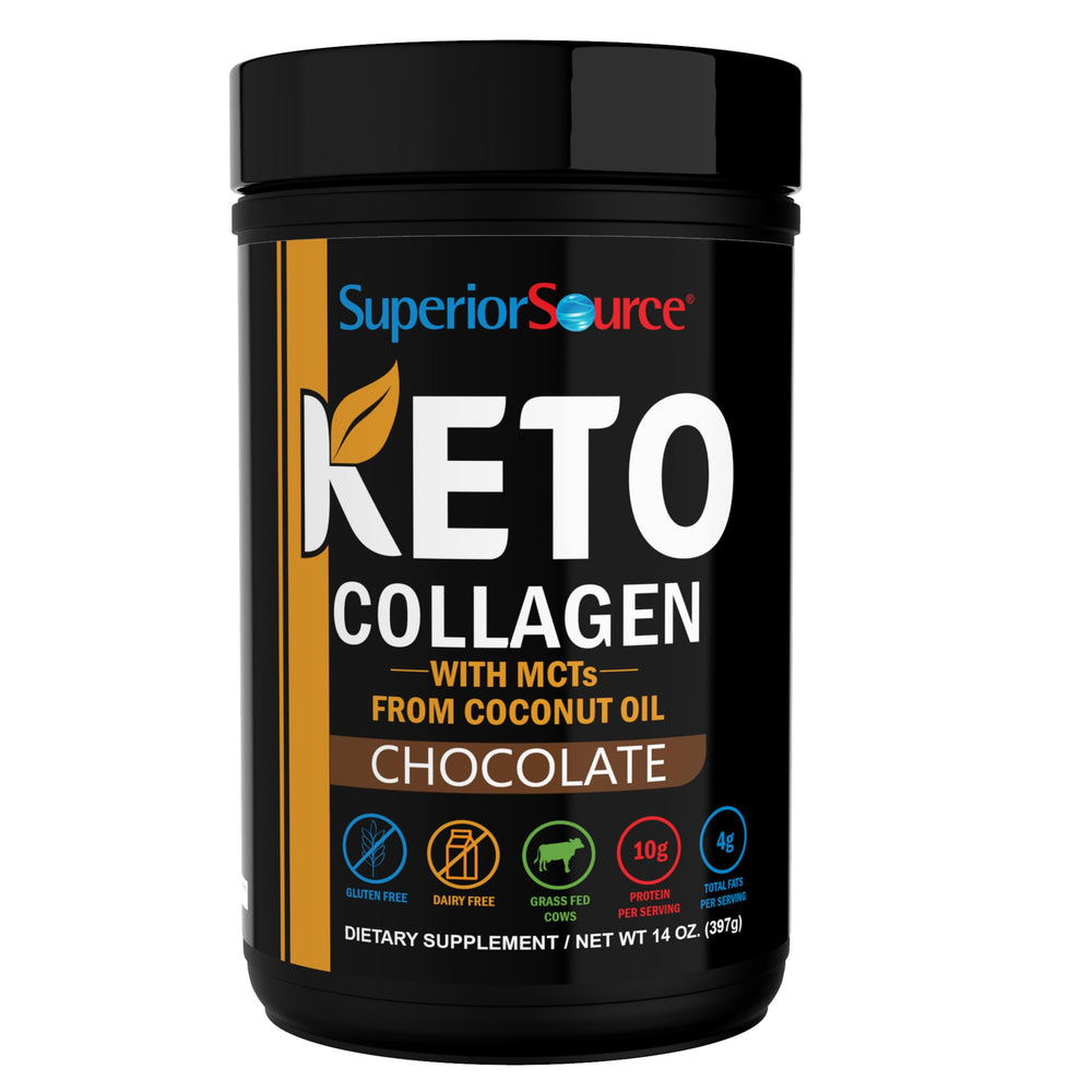 Superior Source Keto Collagen chocolate tub for daily keto-friendly protein boost in coffee