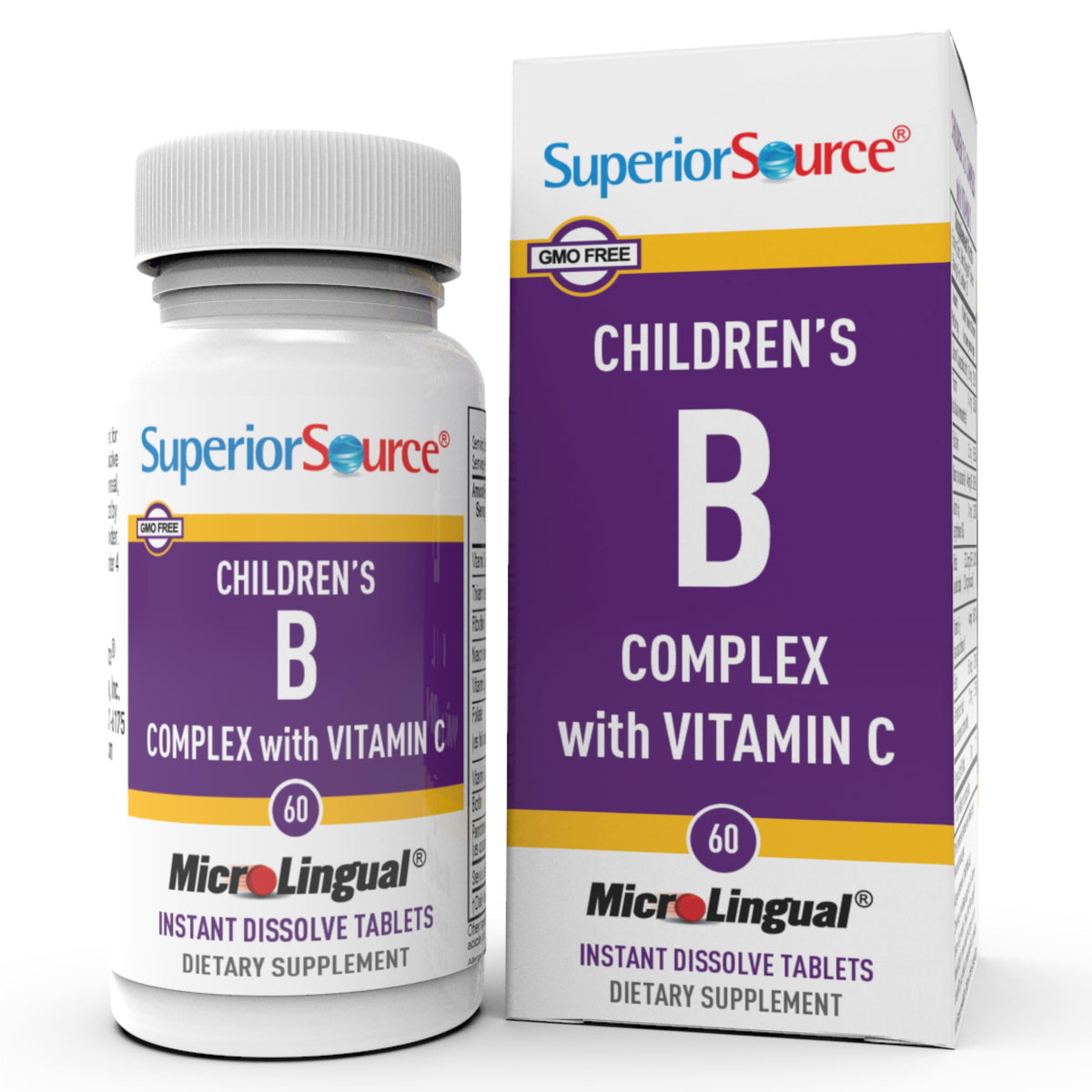 Superior Source Kids B Complex Vitamin C tablets label on bottle for daily immune support.