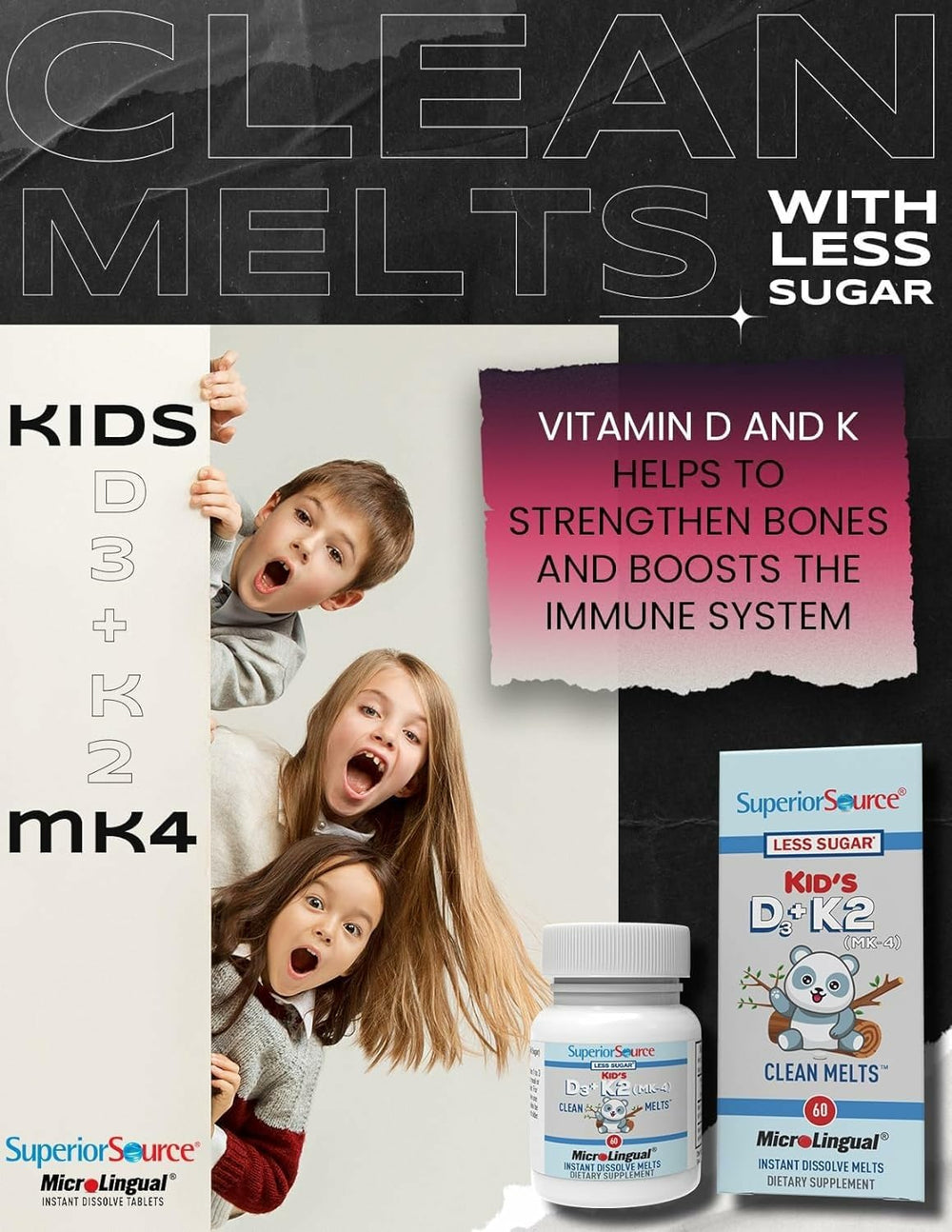 Child taking a Superior Source Kid's D3 & K2 tablet
