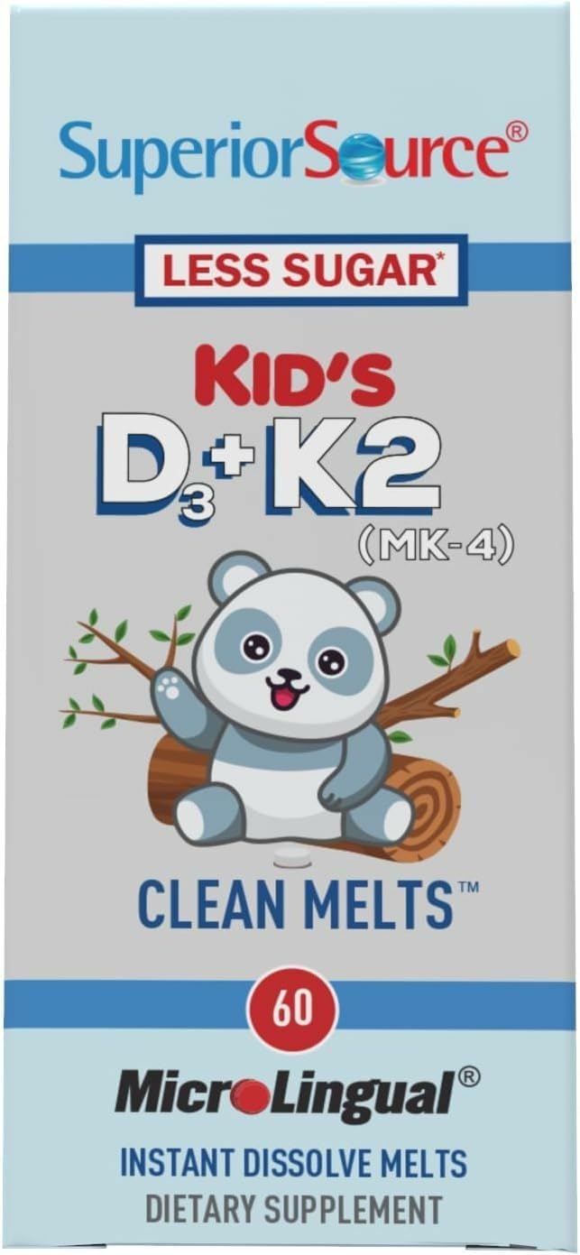 Label highlights non GMO preservative free and dye free ingredients for Kid's D3 & K2