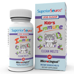 Superior Source Kid's Immune Clean Melts packaging highlights gluten-free, non-GMO immune support for kids.