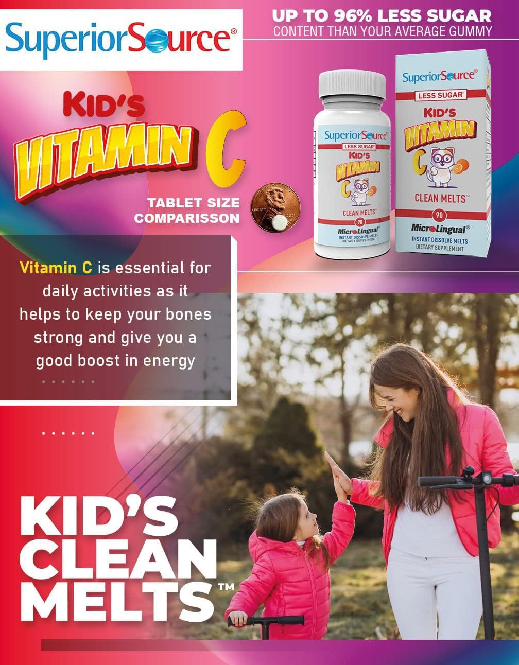 Close-up of a Superior Source Kid's Vitamin C Clean Melts dissolving on tongue.