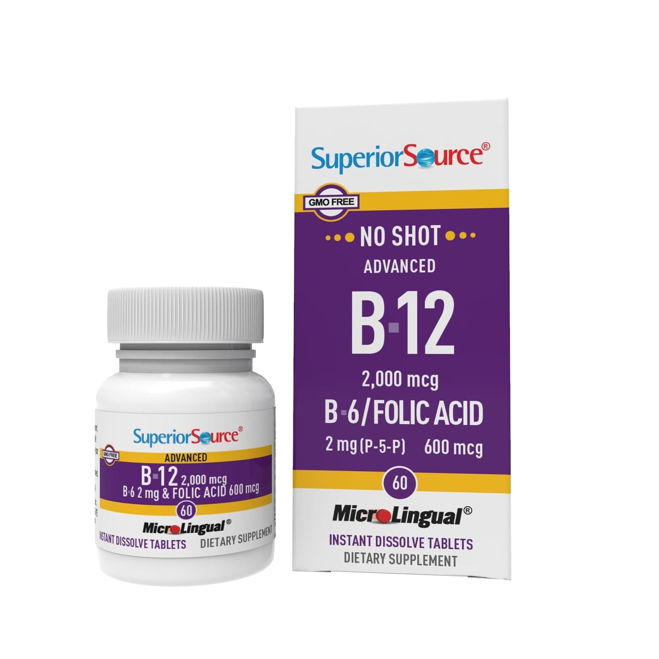 Superior Source NO SHOT B12-B6-Folic Acid bottle close-up for easy daily wellness