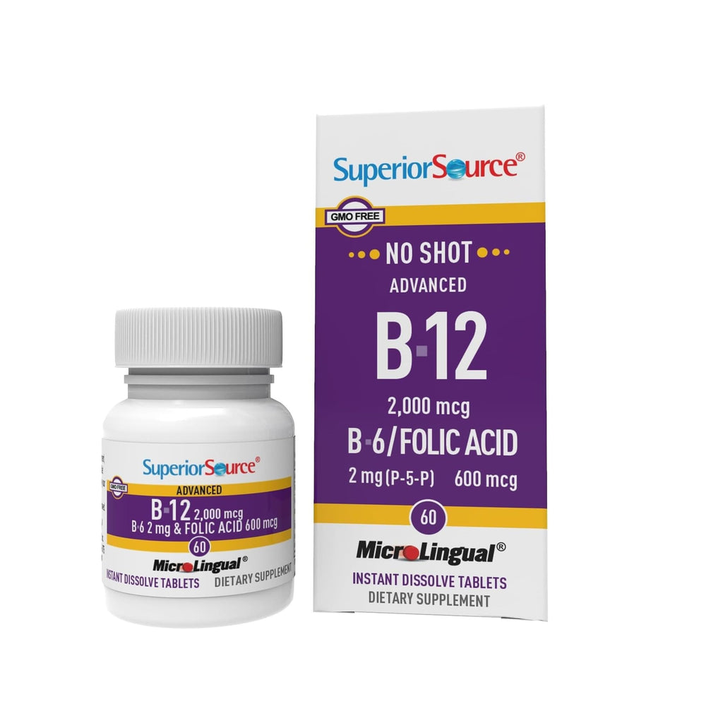 Superior Source NO SHOT B12-B6-Folic Acid bottle close-up for easy daily wellness