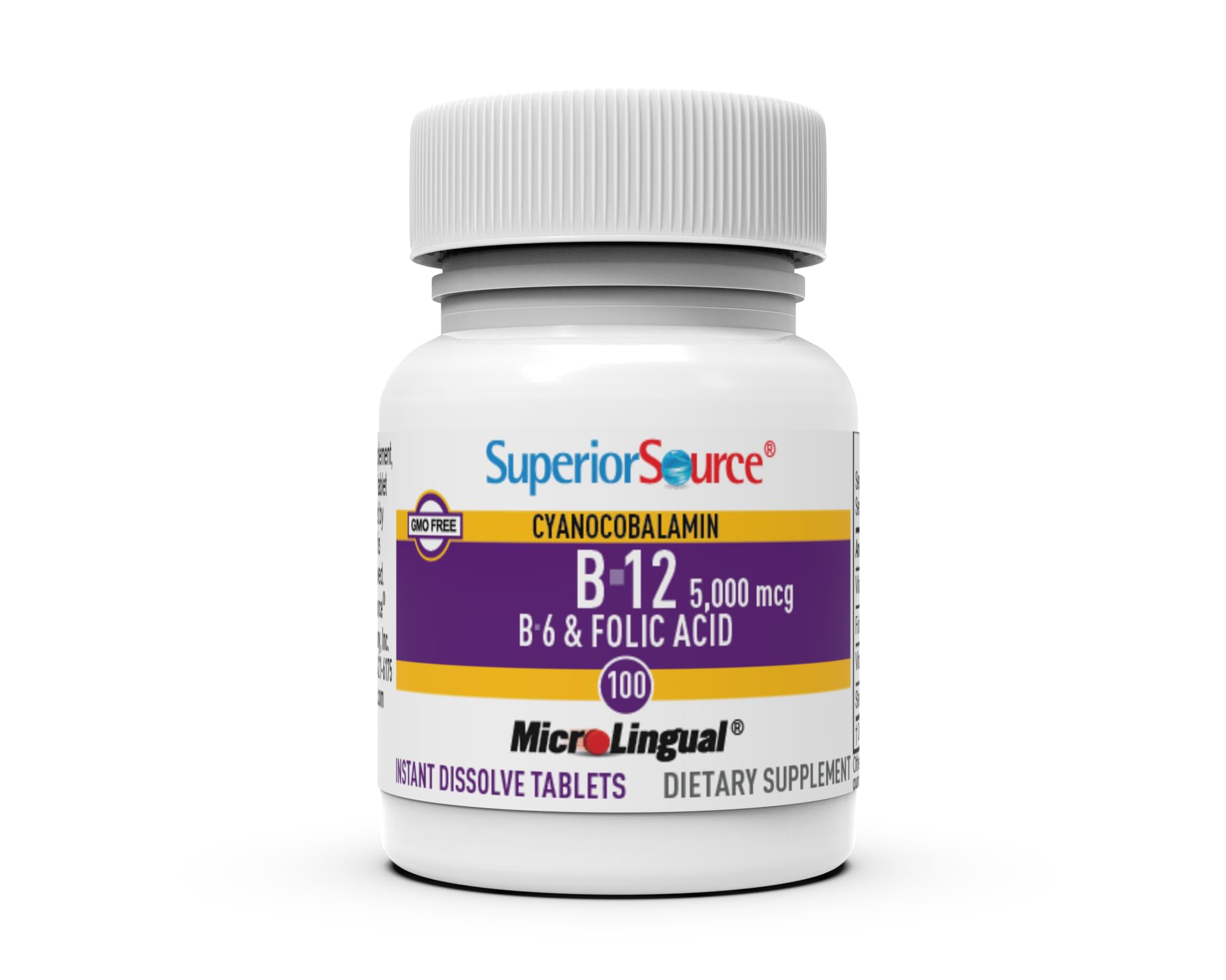 Superior Source NO SHOT B-12 bottle label highlighting methylcobalamin form