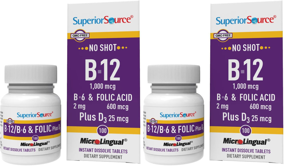 Superior Source No Shot B12 tablets in bottle front for easy daily energy support