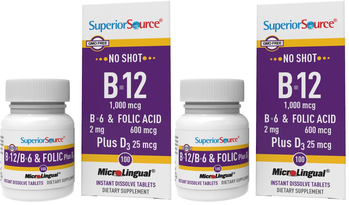 Superior Source No Shot B12 tablets in bottle front for easy daily energy support