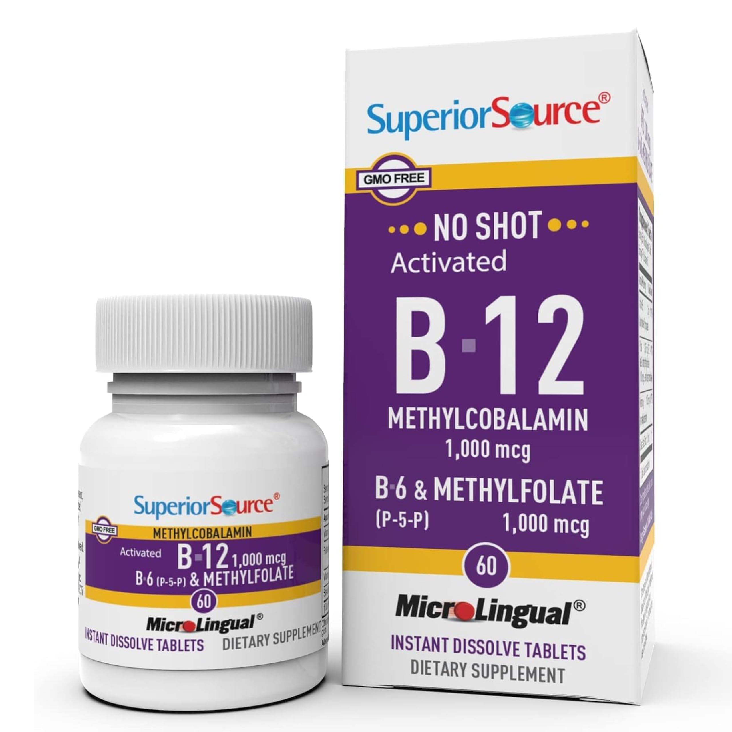 Superior Source No Shot B-12 tablets dissolve under the tongue for quick absorption.