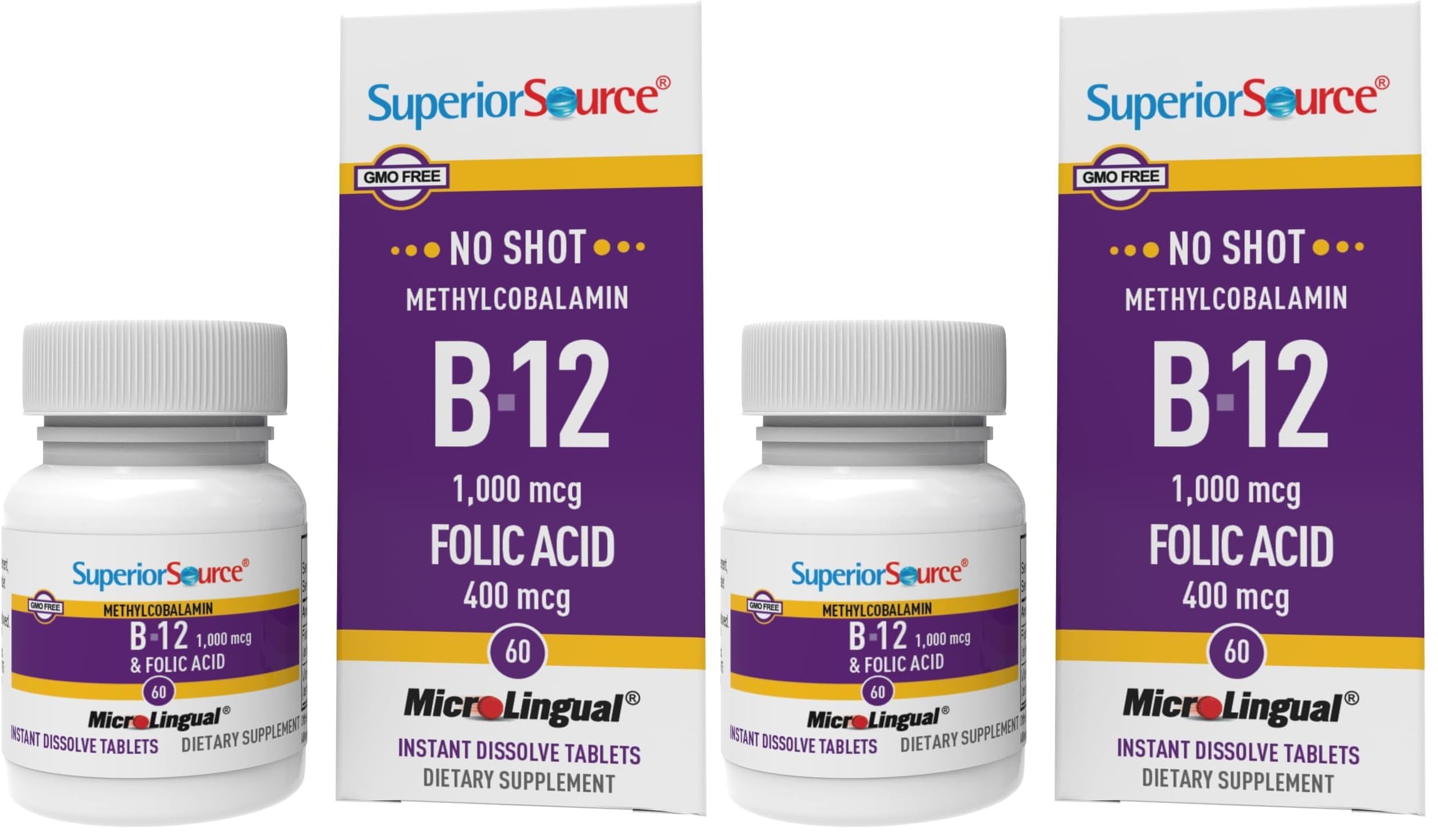 Superior Source No Shot B12 with folic acid tablets dissolve under the tongue for easy absorption.