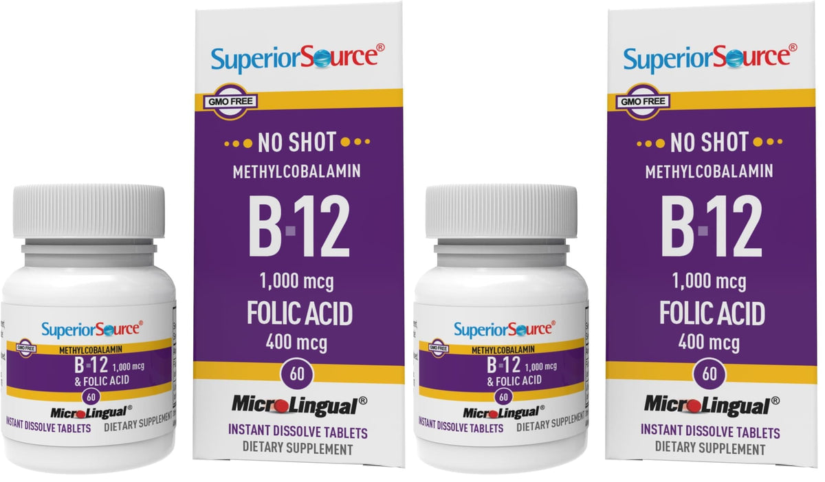 Superior Source No Shot B12 with folic acid tablets dissolve under the tongue for easy absorption.