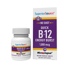 Superior Source NO SHOT Quick Energy B-12 tablet dissolves under the tongue for fast absorption.