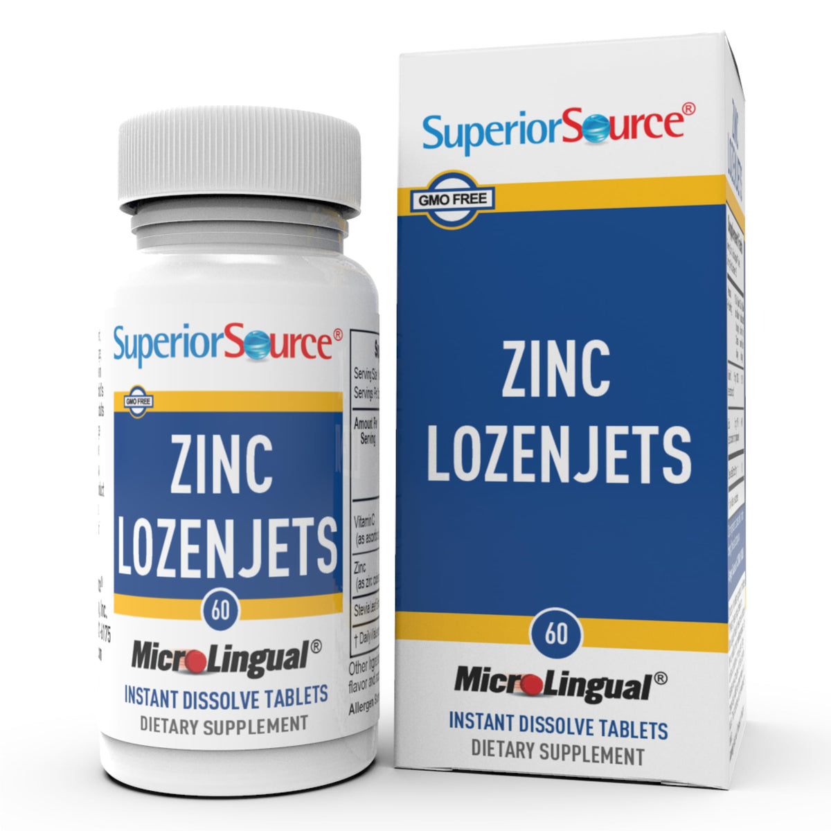 Superior Source Zinc Lozenjets bottle front with dissolving tablets for daily support