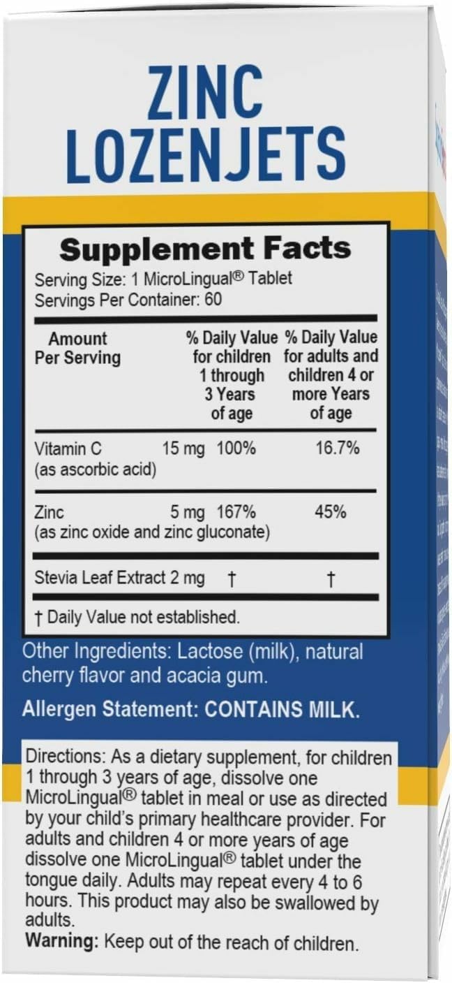 Label closeup showing zinc and vitamin C content and directions