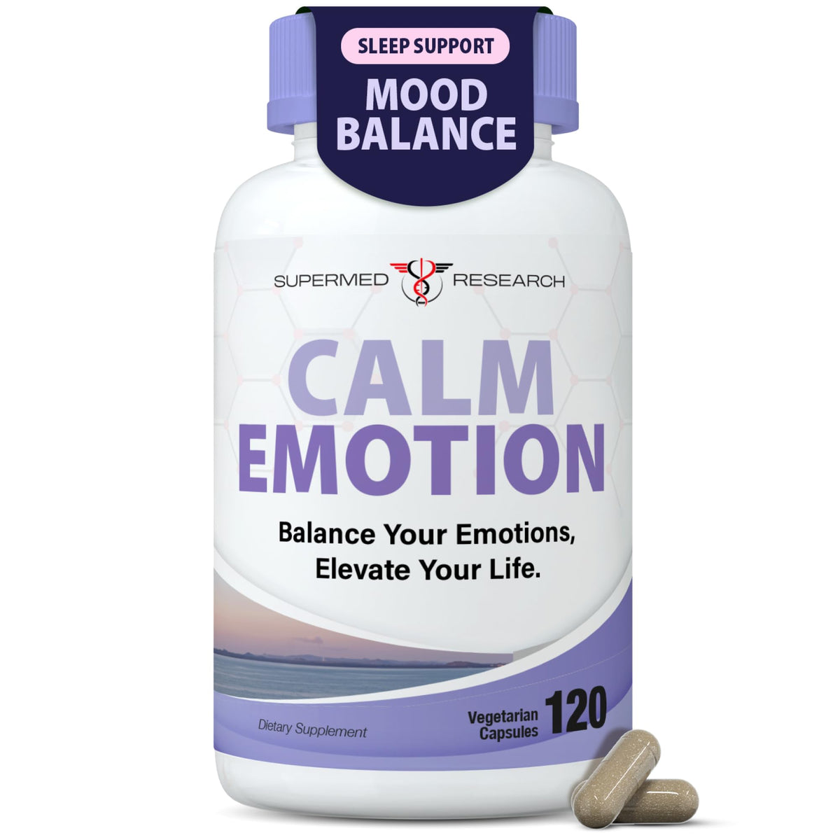 Supermed Research CalmEmotion bottle packshot highlighting vegan mood support.