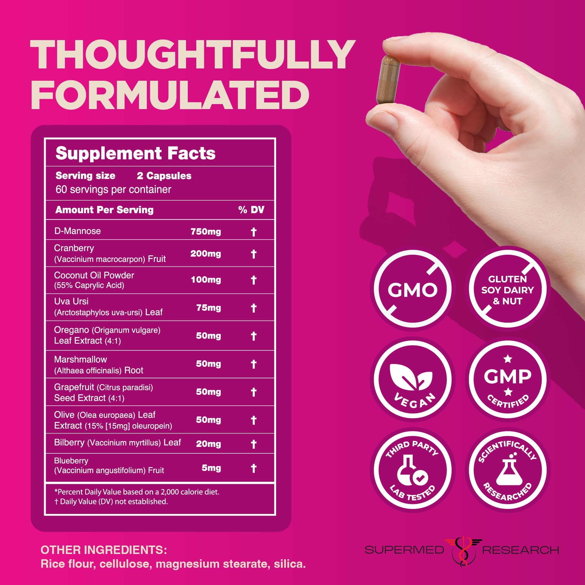 Cranberry and D-Mannose ingredients featured on label for urinary wellness.