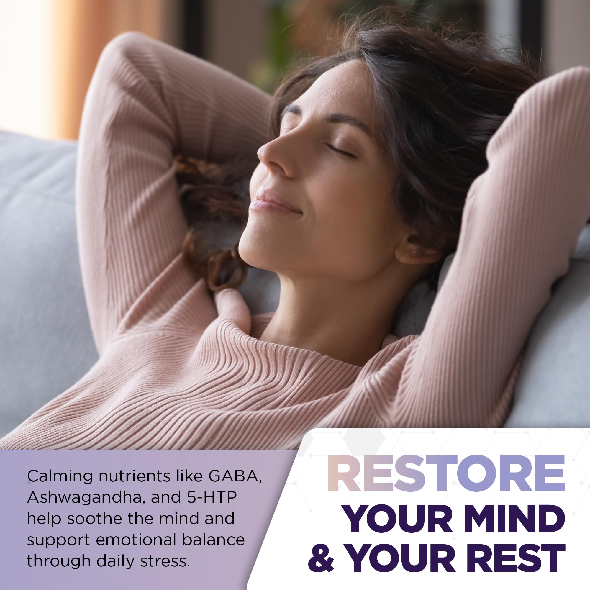L-Theanine and 5-HTP blend shown as a natural mood and sleep aid.