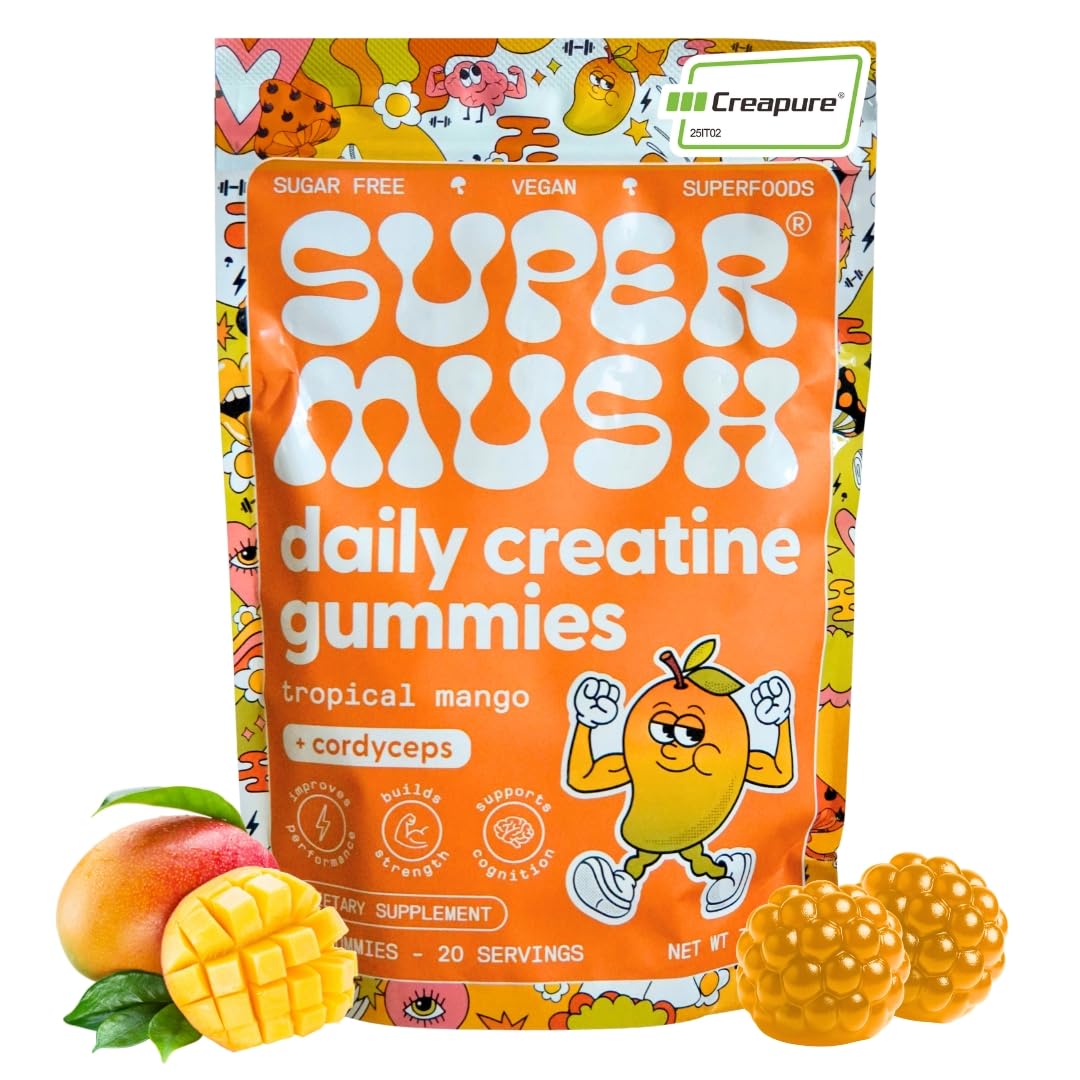 SuperMush Daily Creatine Gummies bottle on shelf, supporting daily energy and endurance.