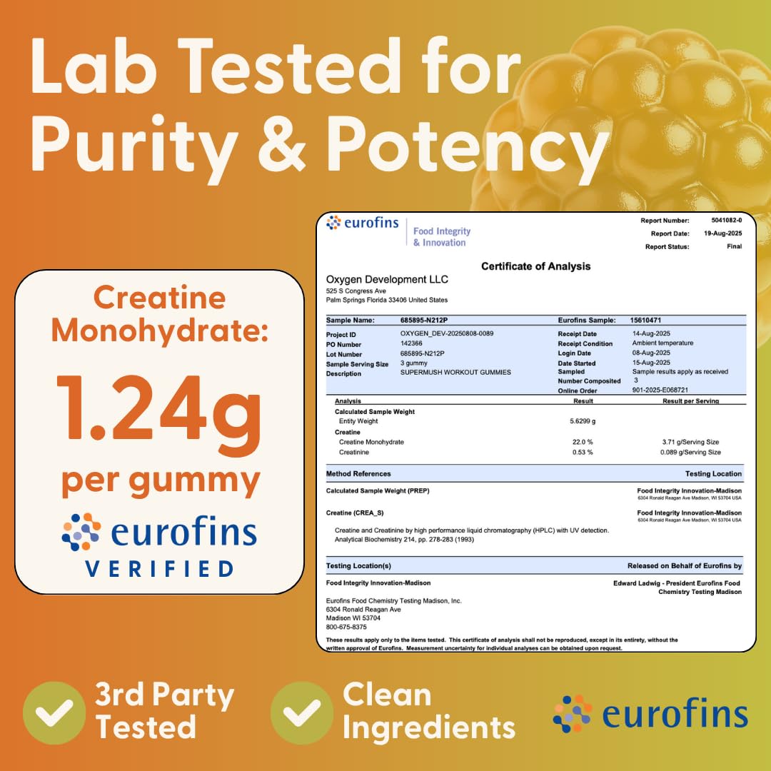 Package showing 20-day supply for SuperMush creatine gummies.