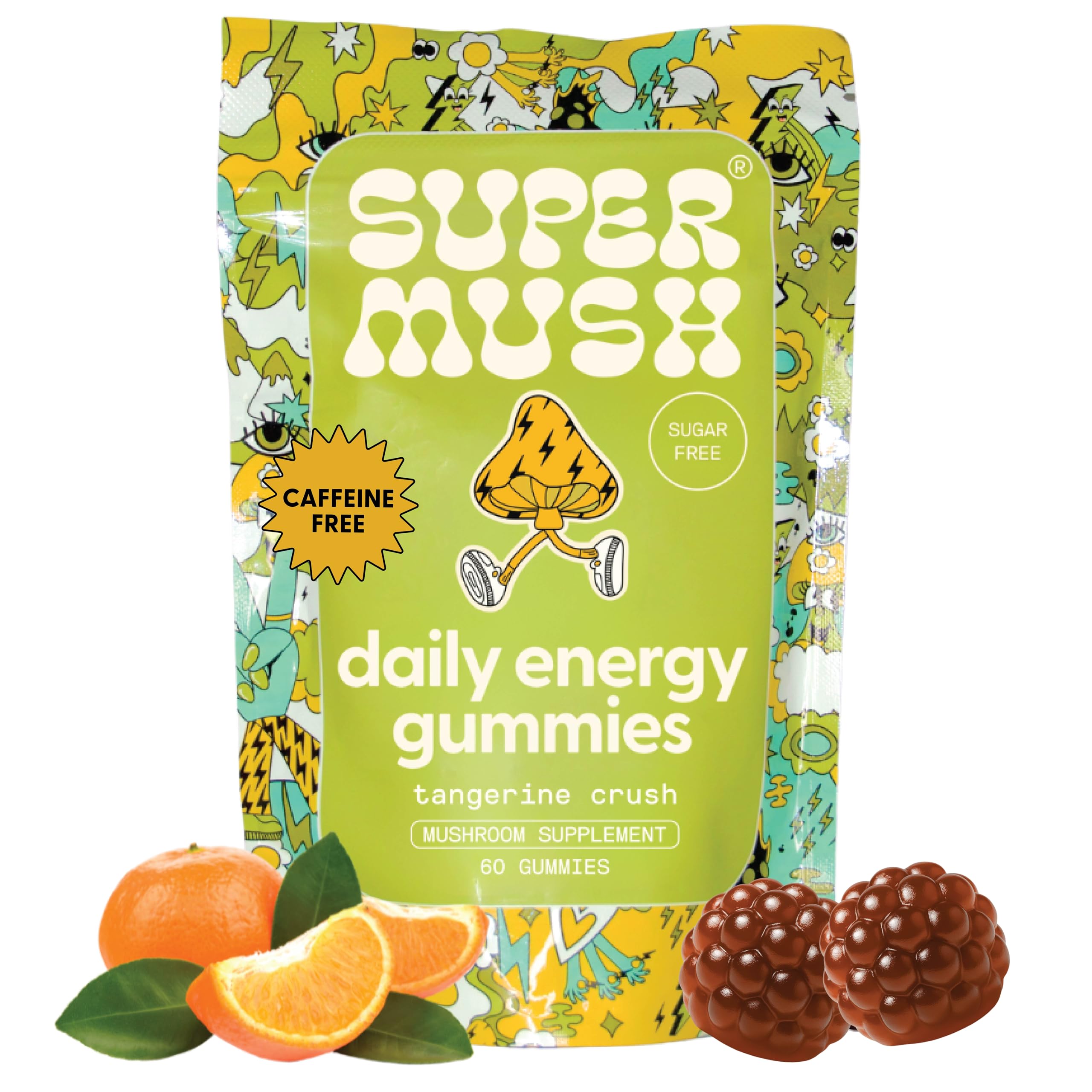 SuperMush Energy Gummies packaging front highlights tangy flavor and caffeine-free energy.