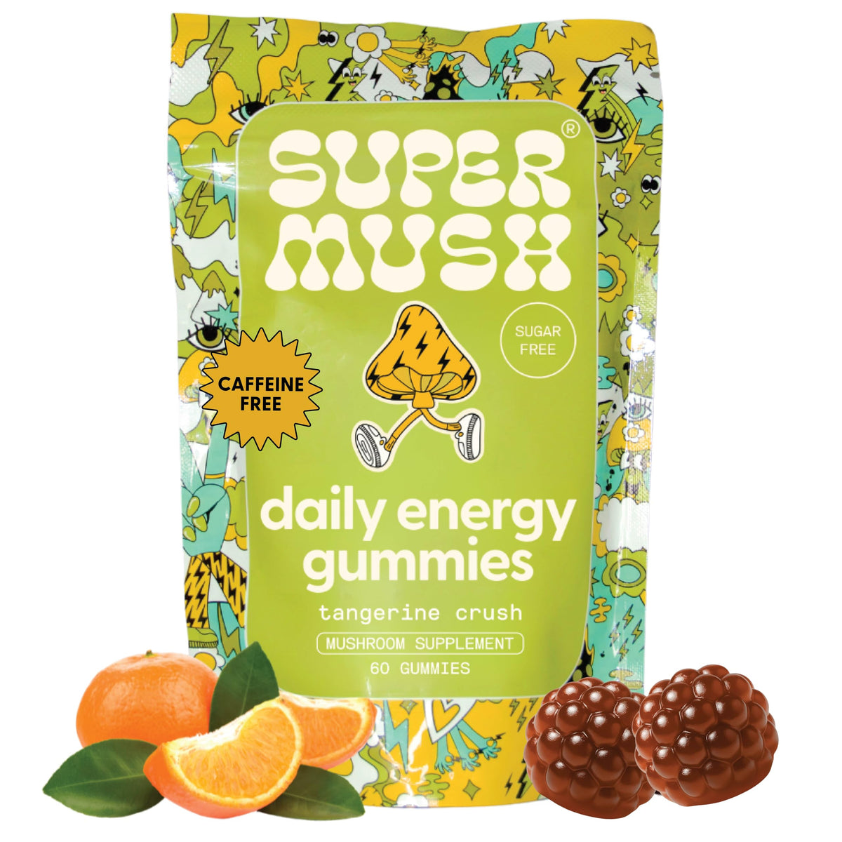 SuperMush Energy Gummies packaging front highlights tangy flavor and caffeine-free energy.