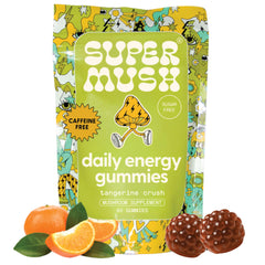 SuperMush Energy Gummies packaging front highlights tangy flavor and caffeine-free energy.