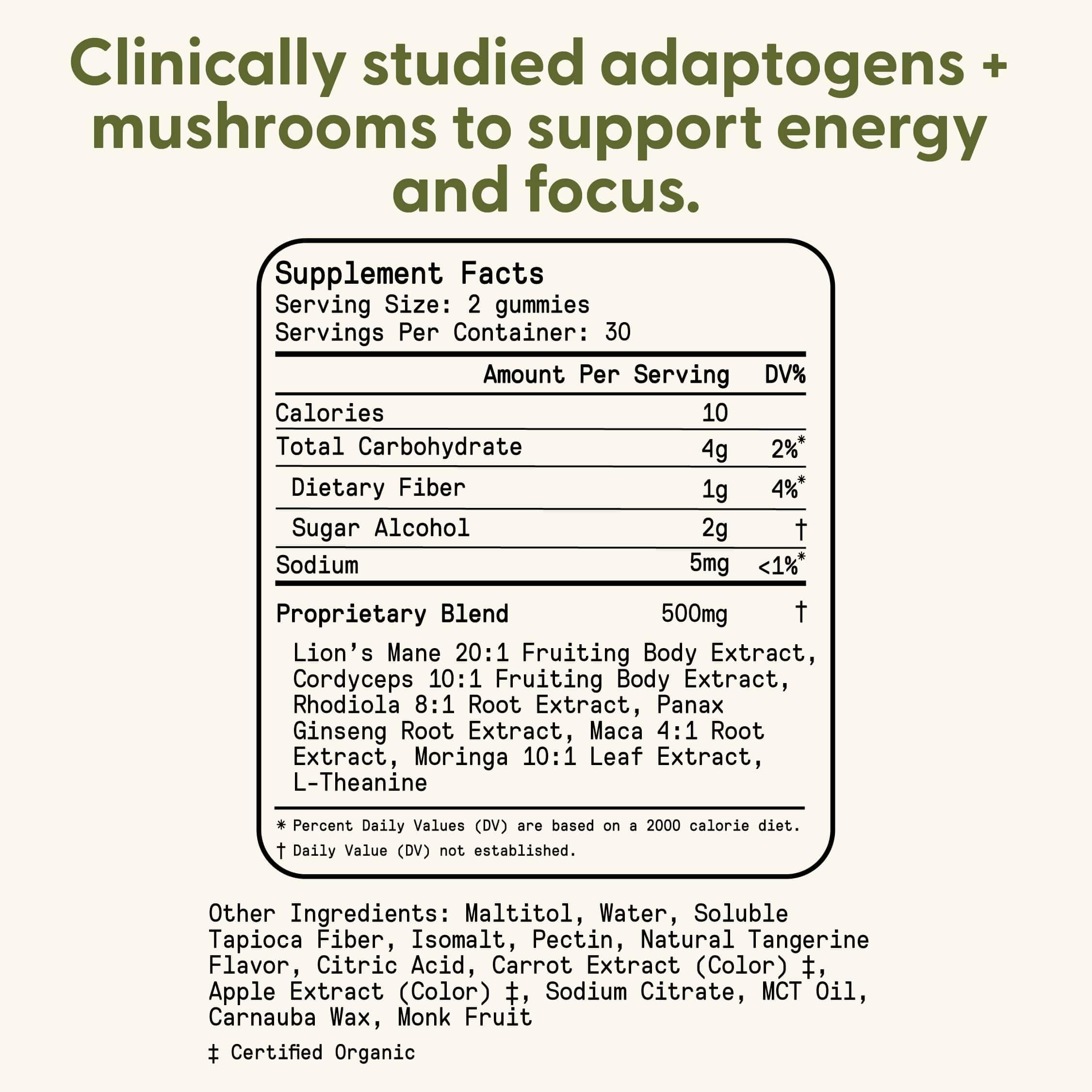 Rhodiola and Ginseng label hints at endurance and alertness.