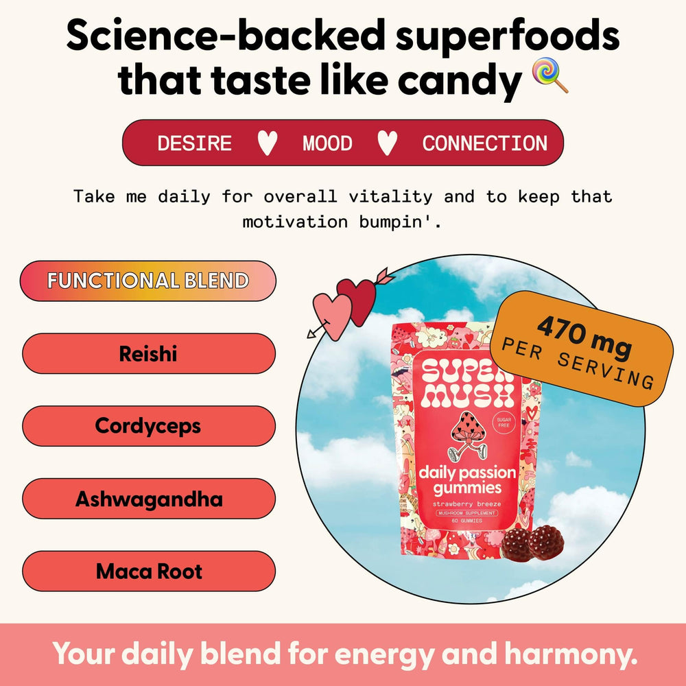 SuperMush close-up ingredients showing cordyceps and maca for natural energy.