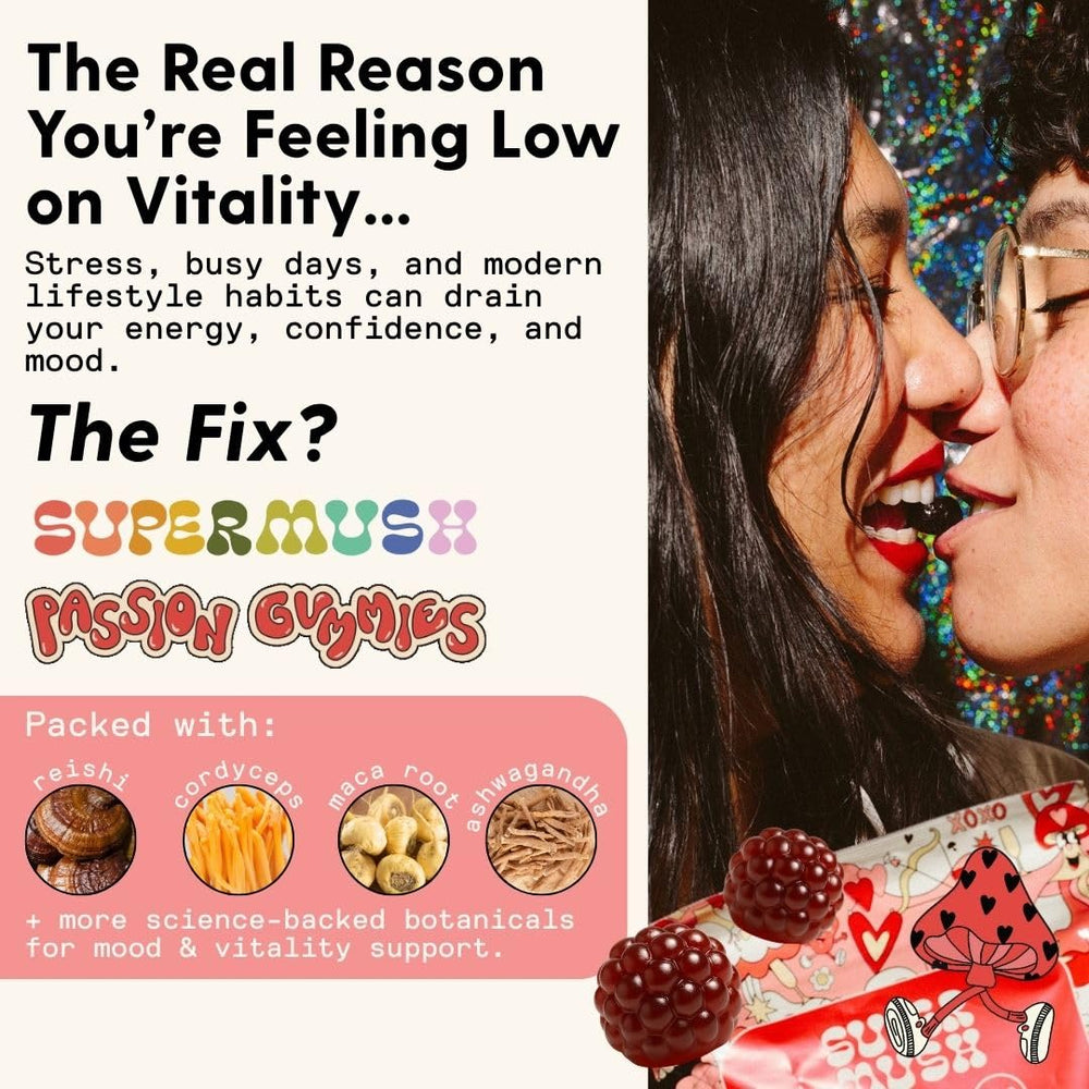 SuperMush gummies on table with strawberry flavor promises daily rituals.