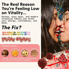 SuperMush gummies on table with strawberry flavor promises daily rituals.