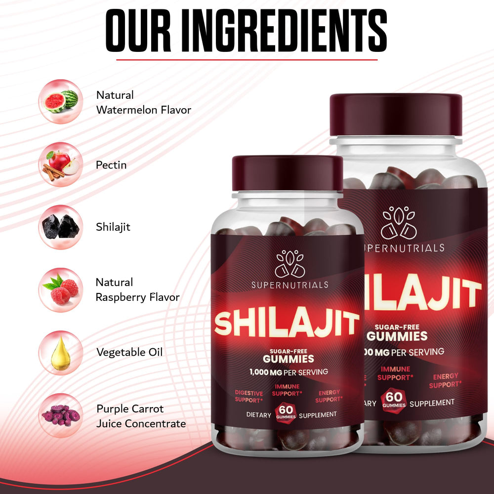 SUPERNUTRIALS Shilajit Gummies packaging artwork highlighting vegan and sugar-free formula