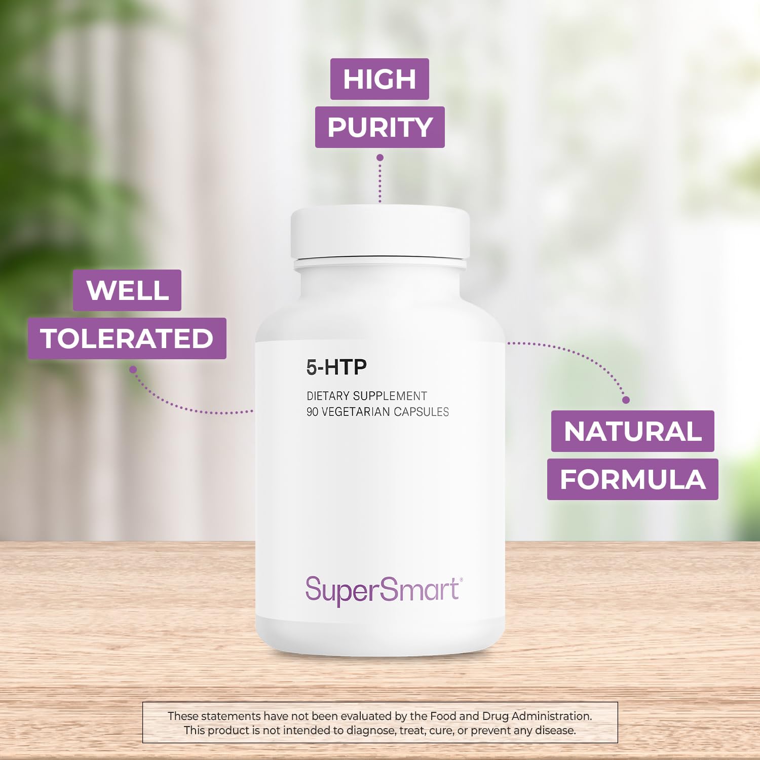Supersmart 5-HTP bottle front with strong vegan branding