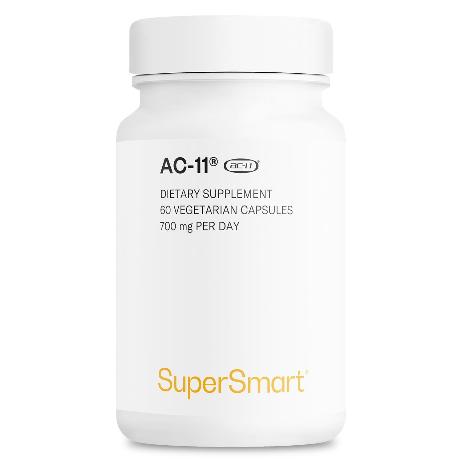Supersmart AC-11 bottle with capsules highlighting non-GMO and gluten-free formula.