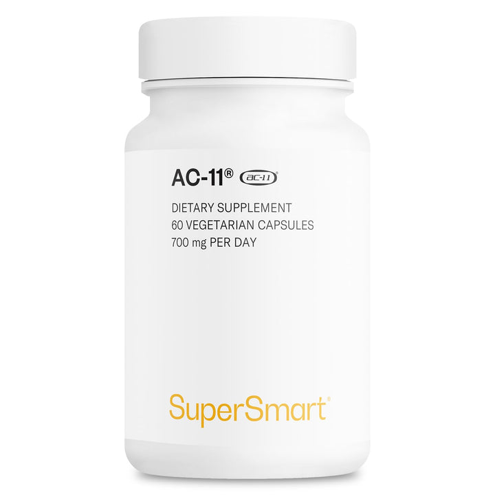 Supersmart AC-11 bottle with capsules highlighting non-GMO and gluten-free formula.