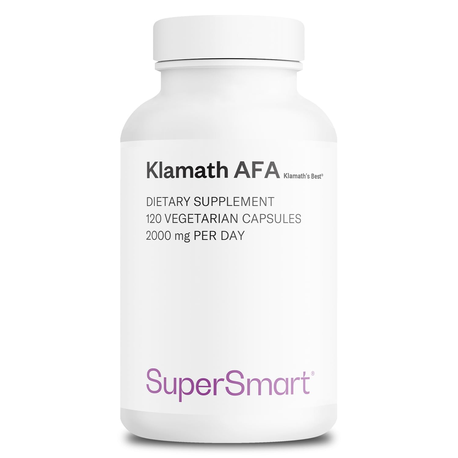 Supersmart AFA Extract capsules in a bottle for daily nutrient support.