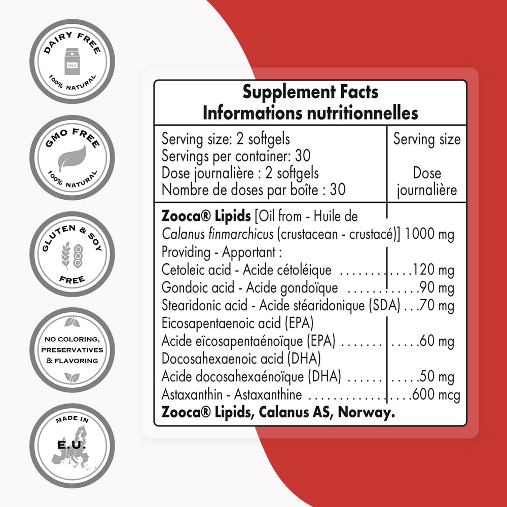 Supersmart Arctic Plankton Oil label closeup shows EPA, DHA and SDA content.