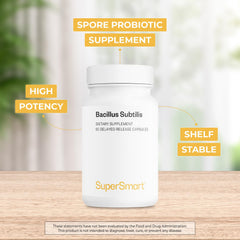 Supersmart Bacillus Subtilis label detail confirms non-GMO and gluten-free.
