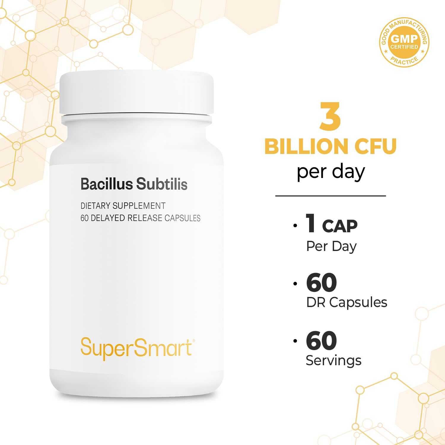 Supersmart Bacillus Subtilis nutrition panel highlights vegetarian capsule ingredients.