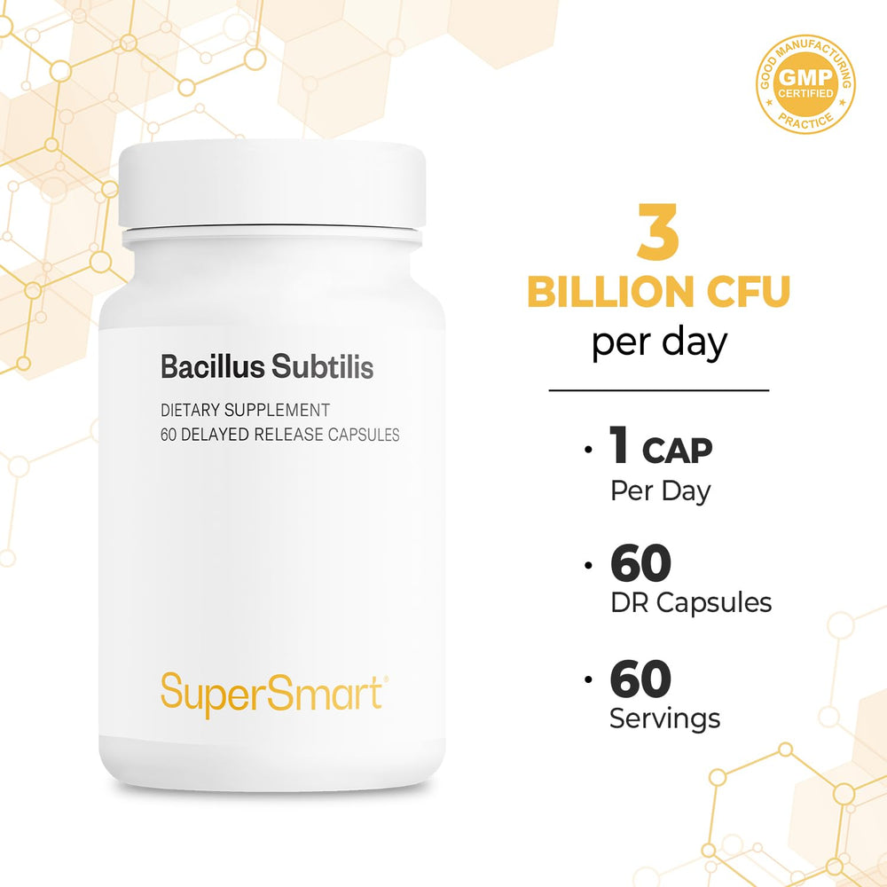 Supersmart Bacillus Subtilis nutrition panel highlights vegetarian capsule ingredients.