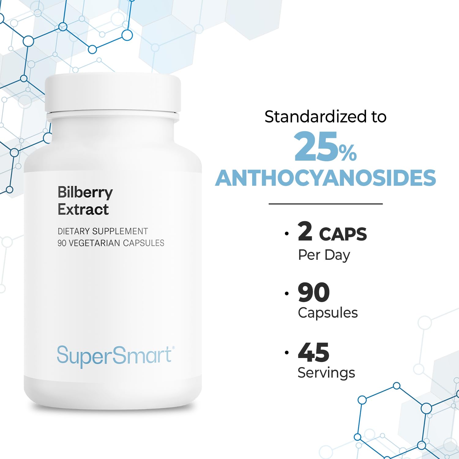 Supersmart bilberry extract ingredients panel detailing capsules and excipients