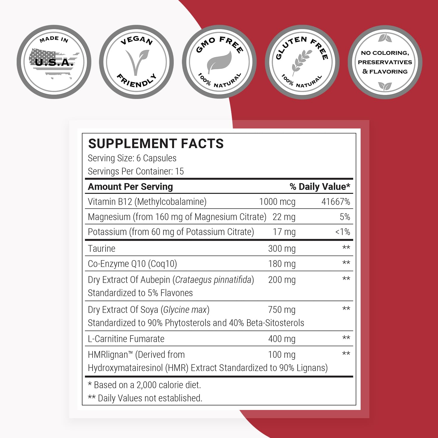 Supersmart Cardio Booster with CoQ10 and taurine illustrated ingredients on label.