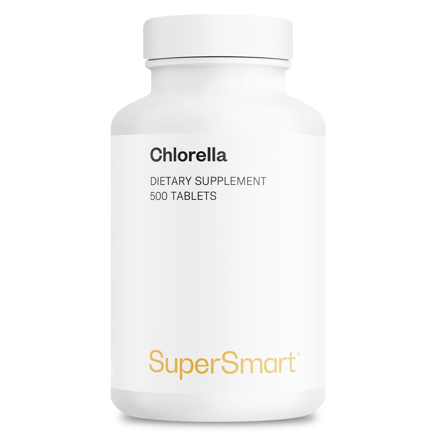 Supersmart Chlorella tablets in bottle for daily wellness support.