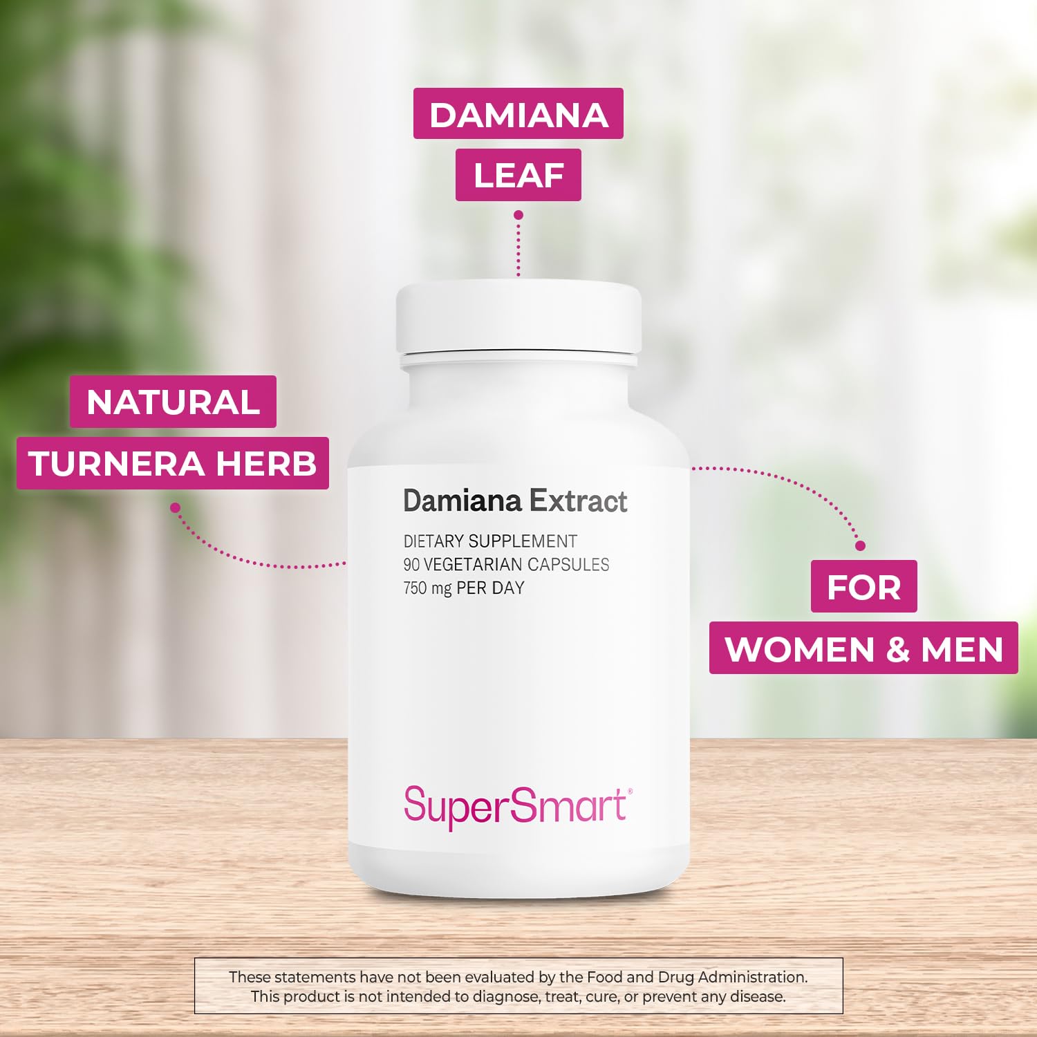 Supersmart Damiana leaf capsules bottle on a shelf