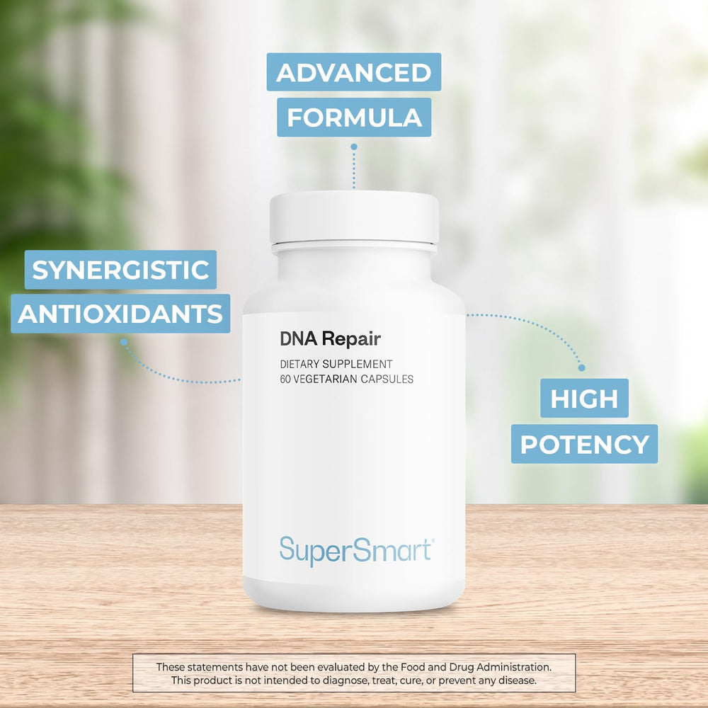 Capsules closeup reveals vegan, non-GMO formula from Supersmart DNA Repair.