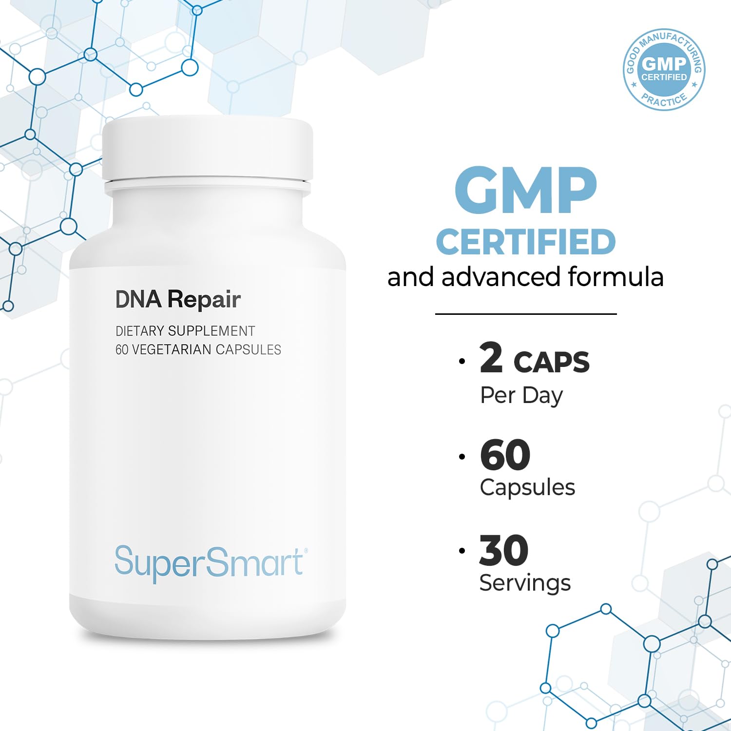 Label detail on Supersmart DNA Repair highlights AC-11 and SOD Gliadin complex.