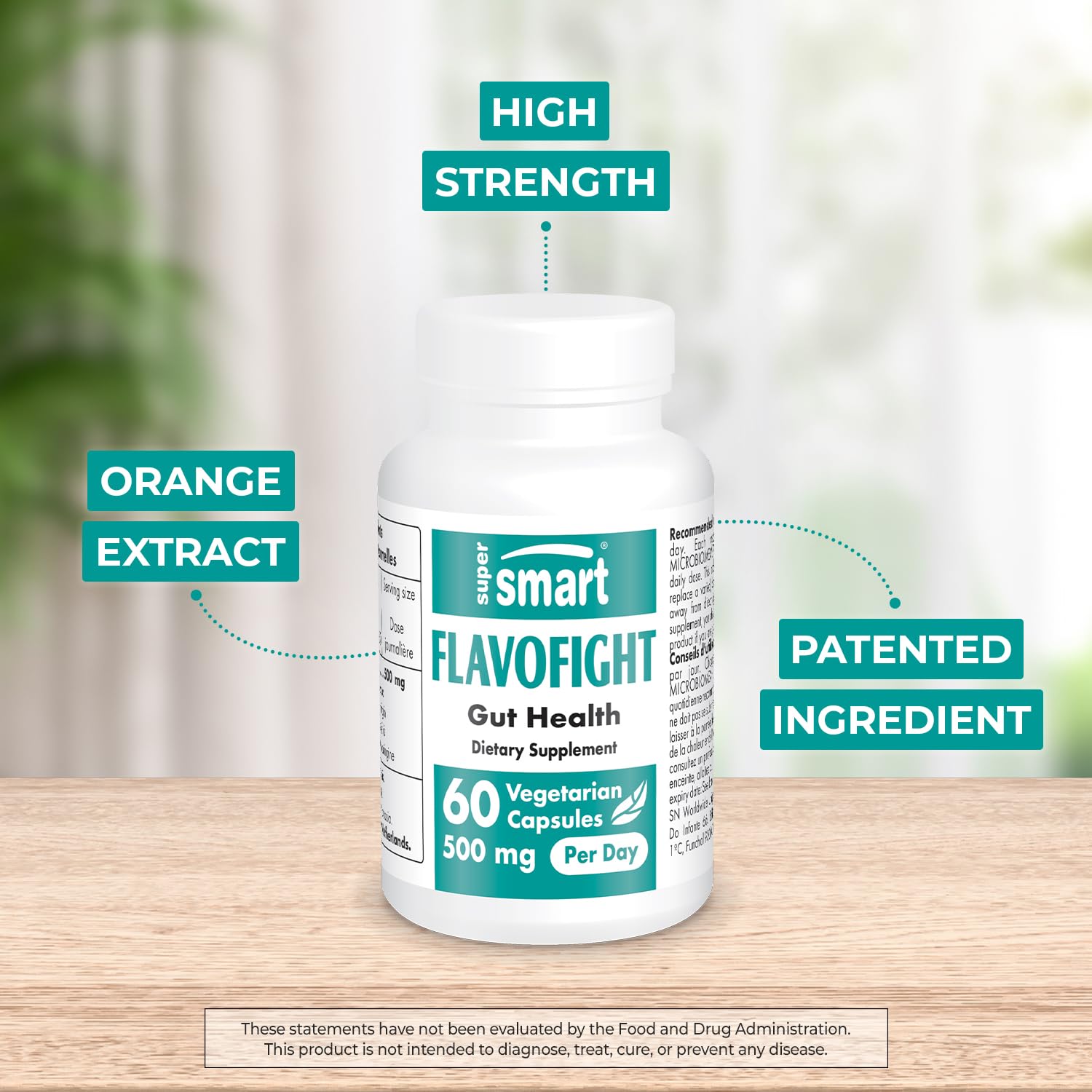 Supersmart FlavoFight capsules closeup highlights high-strength citrus flavonoids.