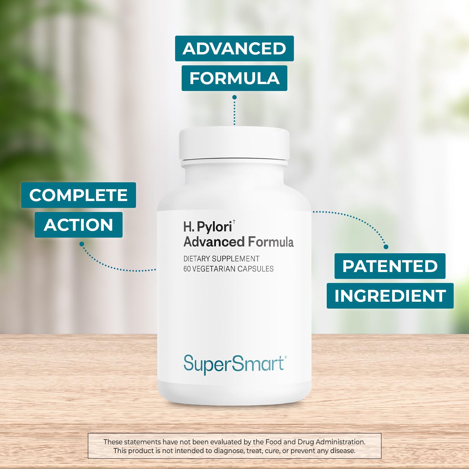 Supersmart H. Pylori Advanced capsules close-up highlighting probiotic blend