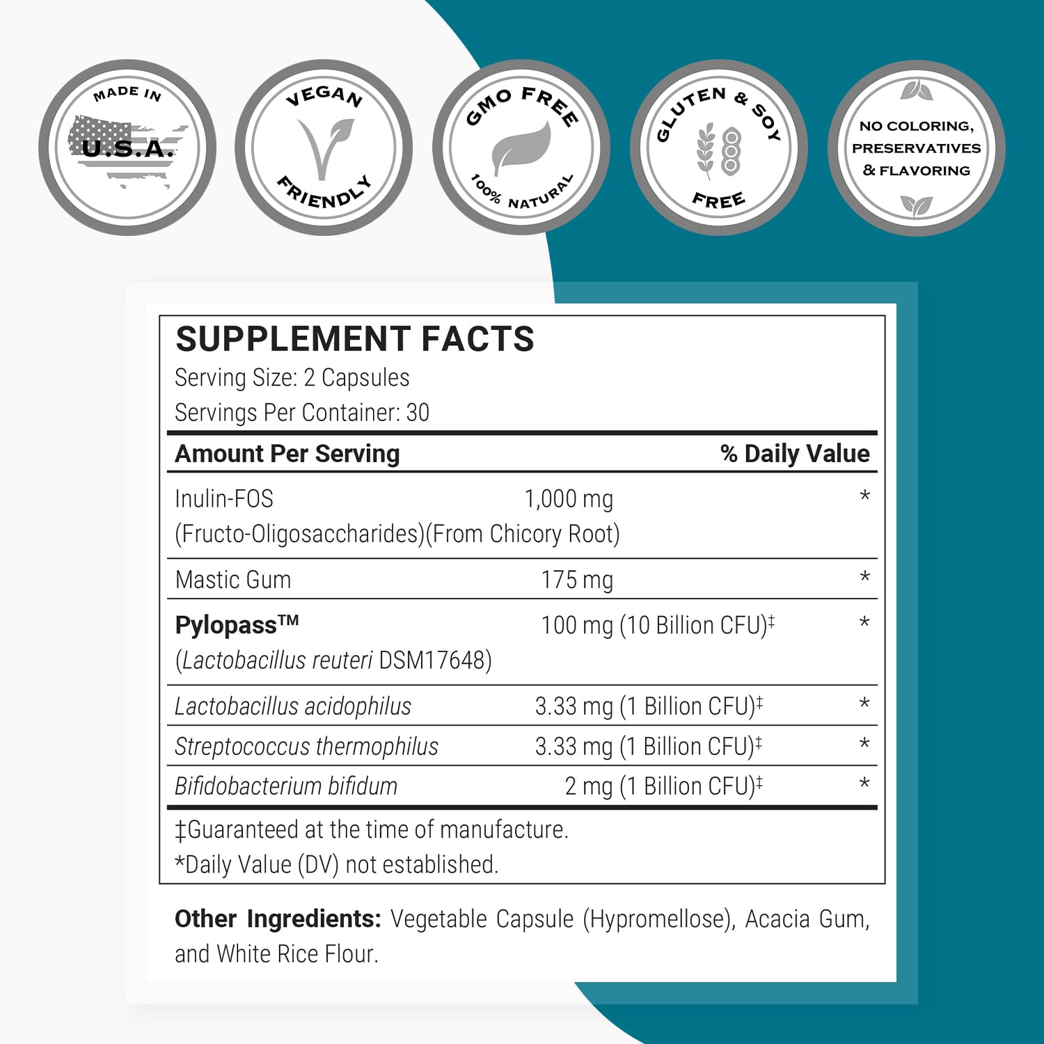 Product label for Supersmart H. Pylori Advanced showing non-GMO and gluten-free features