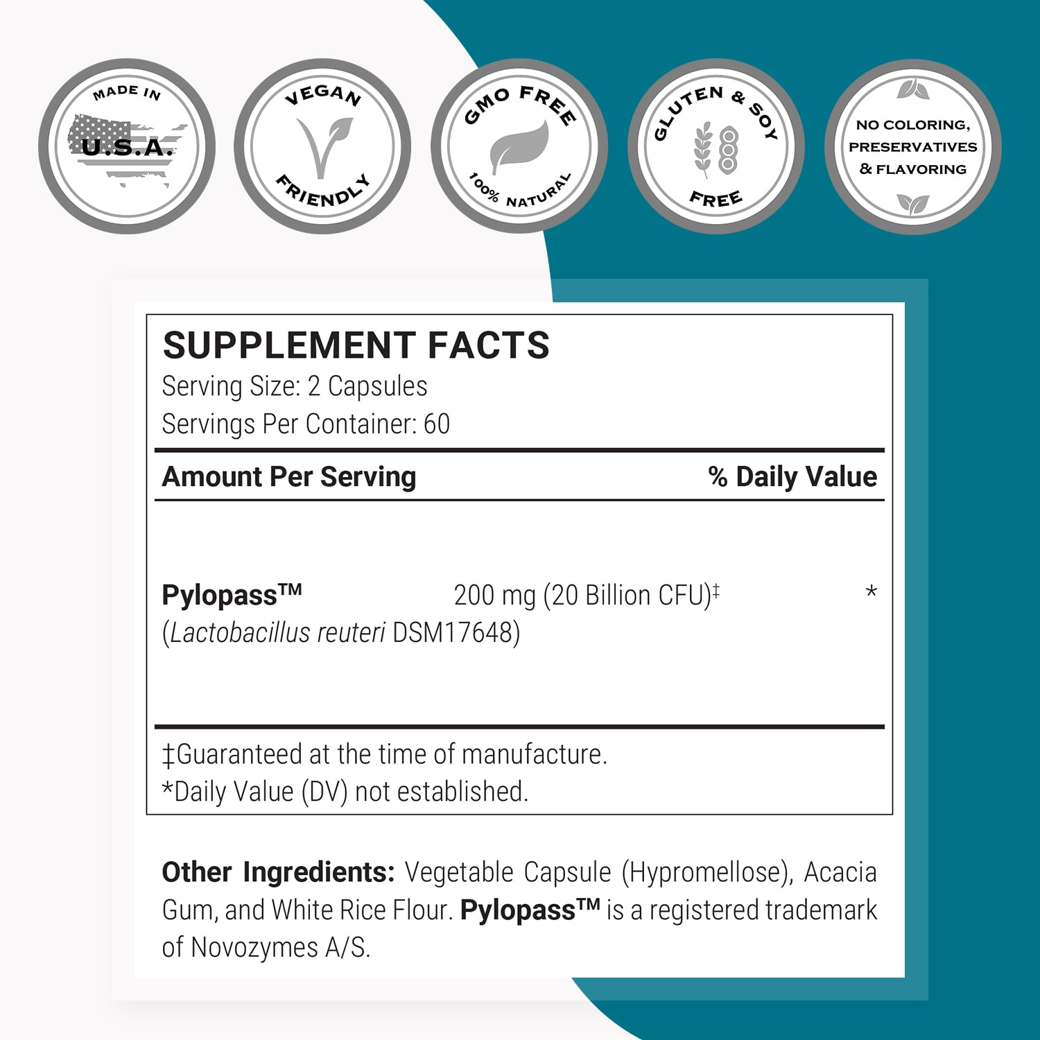 Supersmart H. Pylori DSM17648 label front featuring Pylopass probiotic.