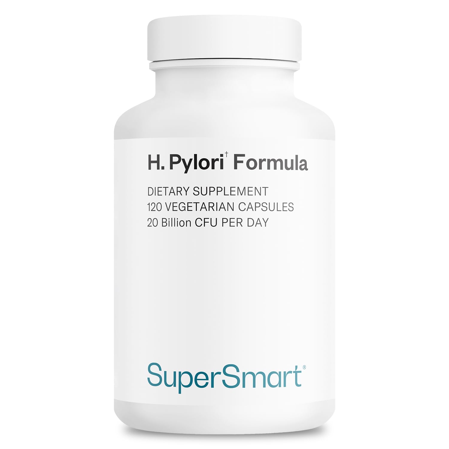 Supersmart H. Pylori Formula bottle front with 120 vegetarian capsules for daily use.