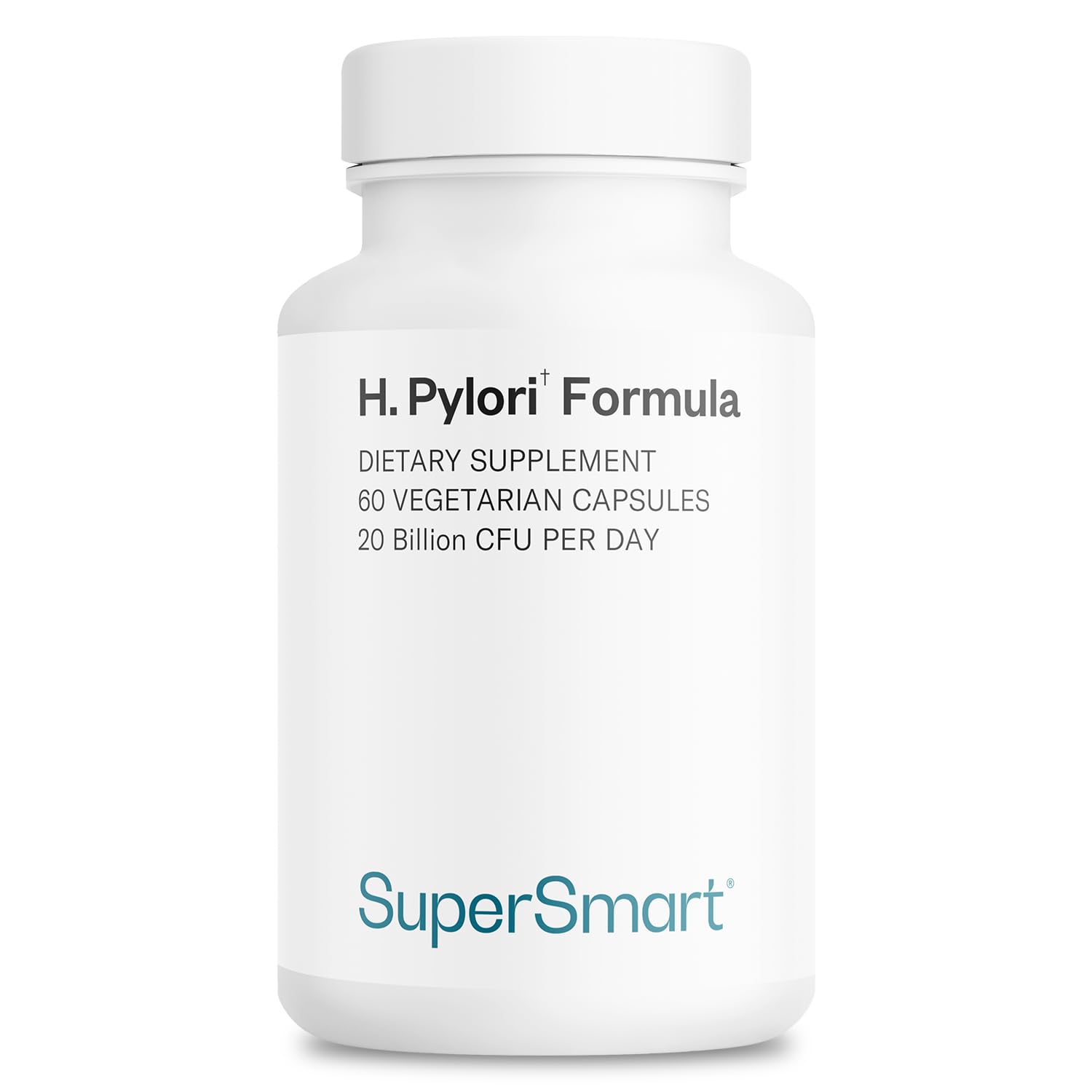 Supersmart H. Pylori Formula bottle front shows high potency probiotic for digestive balance.